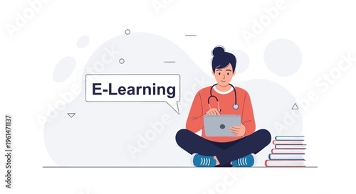 Young student with tablet and books, e-learning concept