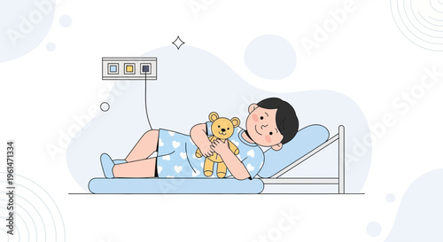 Sick child in hospital bed with teddy bear, medical equipment, illustration