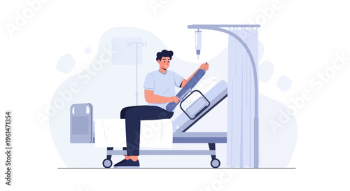 Patient sitting on hospital bed with IV drip, recovering in medical ward
