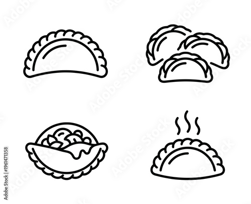 Minimalist empanadas vector outline icon set featuring single folded pastry, steaming hot turnover, open dough with filling, and stacked snacks for latin food menu graphic design.