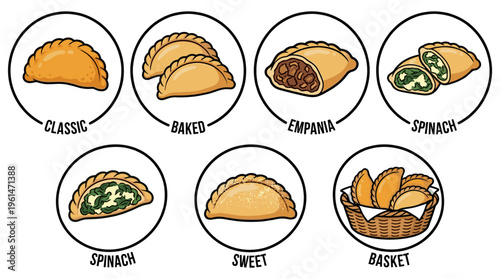 Empanadas vector icon set in colorful circles with text labels featuring classic, baked, spinach, sweet fillings, and basket for traditional latin american pastry menu design.