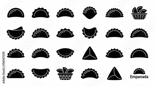 Comprehensive empanadas black silhouette vector icon set showcasing multiple half moon pastry shapes, triangular folded dough, and snack baskets for bakery graphic design elements.