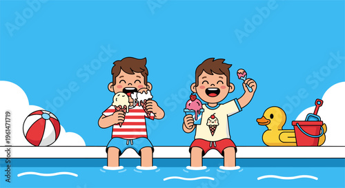 Children eating ice cream by poolside summer fun flat illustration