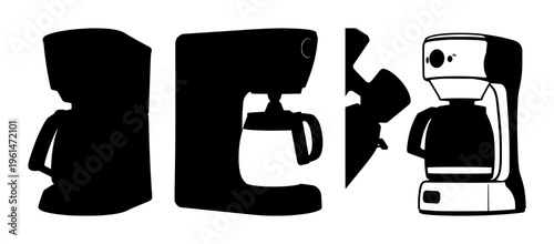 Coffee maker silhouette set with stylized black shape featuring coffee machine, outline, minimal style with simple line and black silhouette
