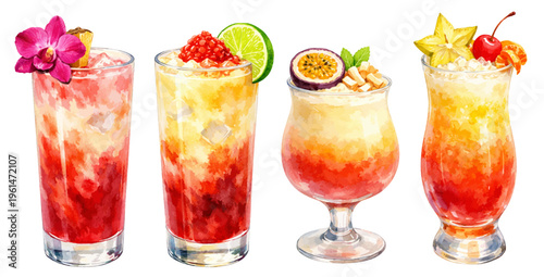 Watercolor lava flow cocktail collection illustration, tropical Hawaiian drinks with fruit garnishes isolated on white background.