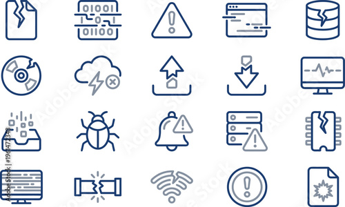 Collection of digital error icons representing system failure, broken connections, and various technical problems