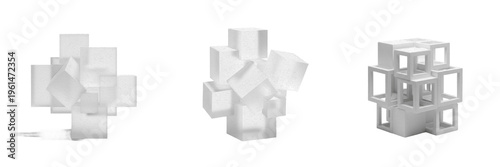 Fotografie Set of modern abstract geometric cube sculptures with frosted glass and white fr