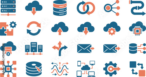 Collection of technology icons representing cloud computing, data management, network processes, and system configurations.