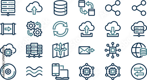 Collection of twenty-four distinct technology and data transfer line icons featuring servers and clouds.