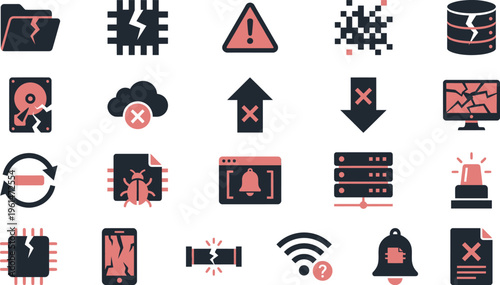Collection of stylized digital icons representing various computer system errors, malfunctions, and network failures.