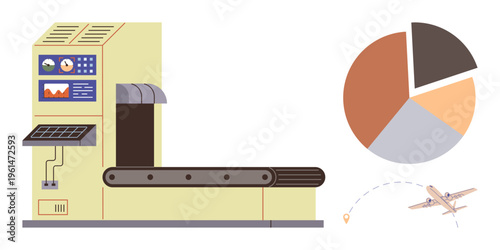 Logistics, air travel, airport security, data analysis, baggage screening, cargo transportation. Conveyor belt with controls, pie chart and airplane graphic. Logistics and air travel concept