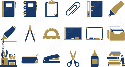 Collection of essential office and school supply icons featuring notebooks binders pens markers and rulers