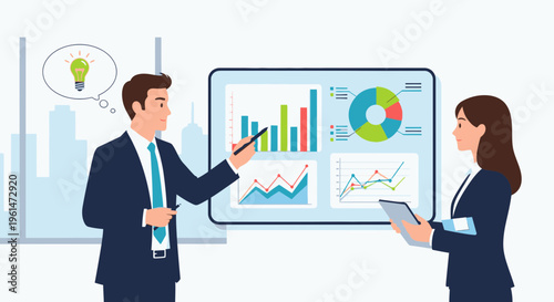 Businessman and businesswoman discussing charts 1.