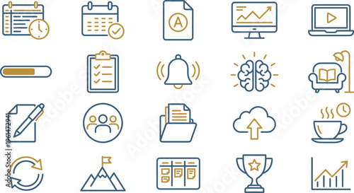 Collection of modern business process and planning outline icons featuring data and achievement symbols