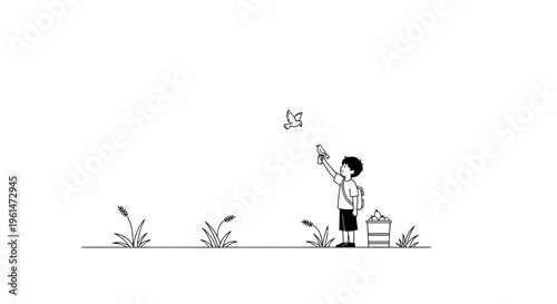 Child releasing butterfly from hands.