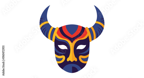 Colorful bull mask with horns and face paint.