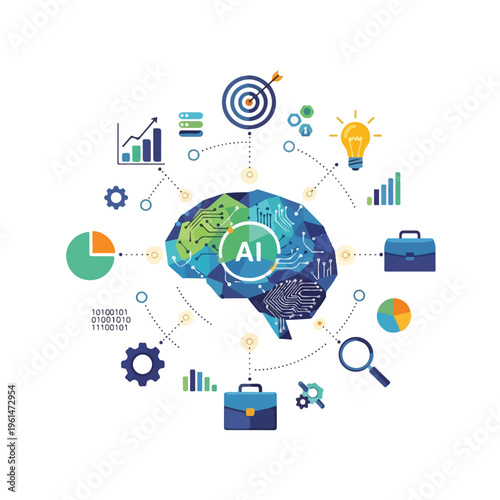 Conceptual illustration of an AI brain surrounded by a network of business, data, finance, and innovation icons, symbolizing strategic intelligence.