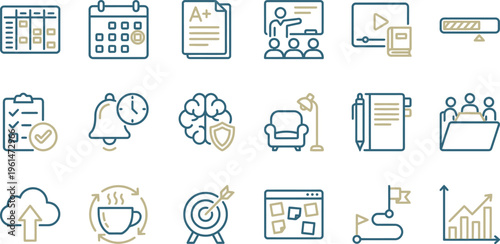 A diverse collection of business, education, and productivity line icons for modern digital design.