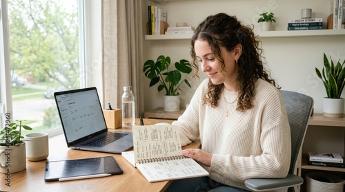 Woman reviewing notes at desk with laptop tablet and notebook in home office