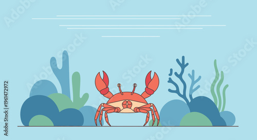 Crab hiding behind coral reef sea.