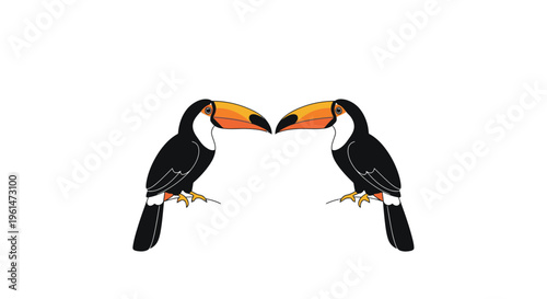 Two colorful toucan birds facing each other.