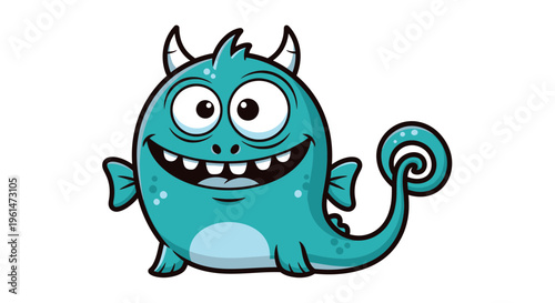 Teal cartoon monster with horns smiling.