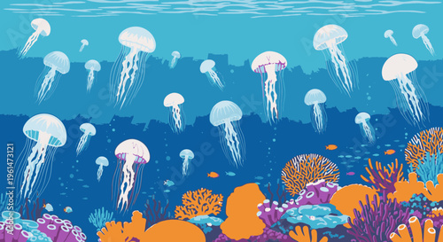 Many jellyfish swimming in ocean water.