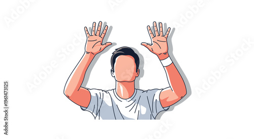 Man with hands raised up high.