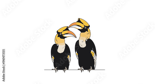 Two colorful toucan birds standing together.