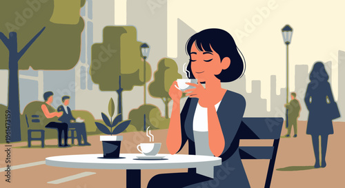 Woman sitting at outdoor cafe table.