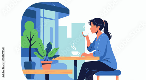 Woman sitting at a table drinking coffee.
