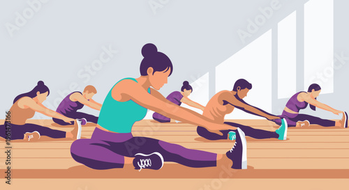 Women doing yoga in fitness class.