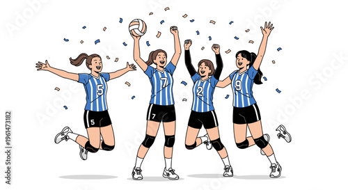 Women in blue volleyball team celebrating.