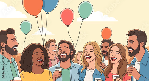 People at a Vibrant Outdoor Party Laughing and Enjoying Drinks Together