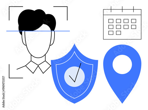 Biometrics, data protection, geolocation tracking, digital privacy, identity verification, online safety. A face scan, shield location pin and calendar icons. Biometrics and data protection concept