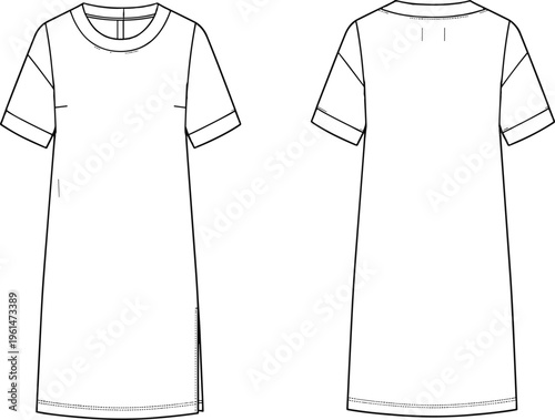 WebTechnical flat sketch of short‑sleeved T‑shirt dress with front and back views, featuring round neckline, cuffed sleeves, straight silhouette, mid‑thigh length, and side slit detail illustration