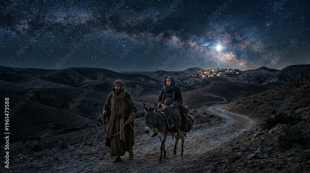 Naklejka premium Joseph leading Mary on a donkey through a moonless desert night toward Bethlehem beneath the radiant Star of Bethlehem, a nativity pilgrimage amid hills and distant village lights