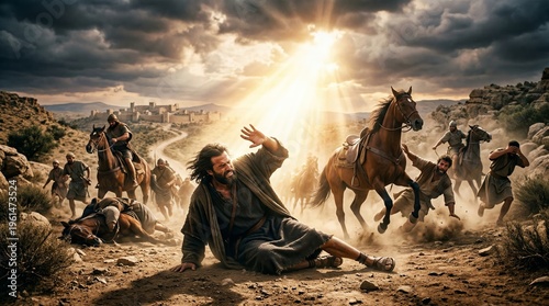 Dramatic depiction of the road to Damascus conversion: a man falls from his horse beneath a piercing heavenly light amid startled riders and rearing horses on a rocky desert path