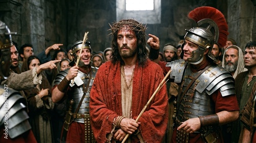 Powerful cinematic portrayal of Jesus Christ wearing a crown of thorns, mocked by Roman soldiers during his trial in Jerusalem, showing suffering and sacrifice