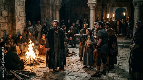 Dramatic biblical scene in an ancient Jerusalem courtyard showing apostles, disciples, leaders, and townspeople gathered around a fire - Old and New Testament characters
