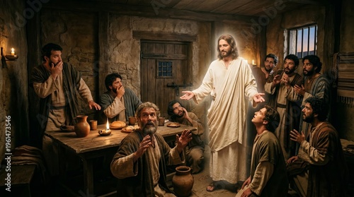 Jesus appears to his disciples in the Upper Room: radiant Christ in white robe bringing peace to astonished apostles, a Gospel scene of revelation, restoration, and fellowship