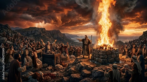 Biblical scene of prophets and worshipers on a mountain around an altar with blazing fire and sacrifice, showing Old and New Testament characters, faith, miracle, confrontation.