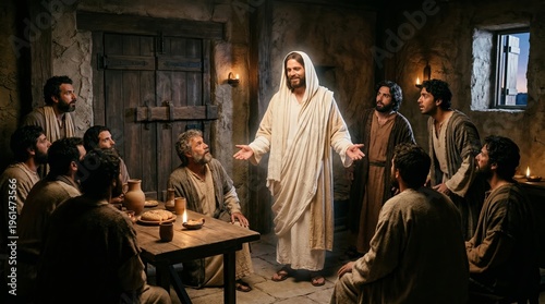 Jesus teaching his disciples in an intimate upper room scene, a New Testament moment that evokes Gospel narratives and connects to Bible stories and characters from both Testaments