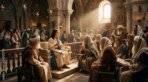 Young Jesus teaching in the Temple among elders and scribes, a New Testament scene of wisdom, Scripture discussion, and theological debate in an ancient Jewish council setting