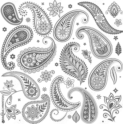set paisley floral pattern with vintage decorative design and retro textile  Ornaments