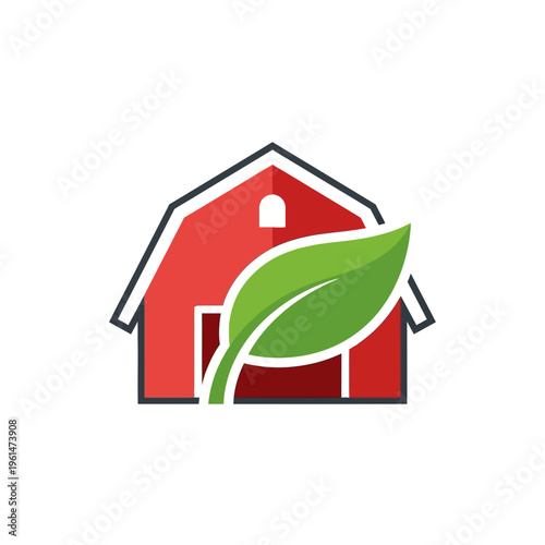 Minimalist red barn and green leaf logo, symbolizing sustainable agriculture, organic farming, and eco-friendly rural living. A modern graphic for nature-focused businesses and fresh produce brands