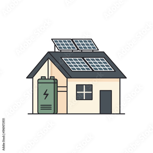 Minimalist illustration of an eco-friendly house powered by rooftop solar panels and an efficient energy storage battery, symbolizing sustainable home power solutions and green living