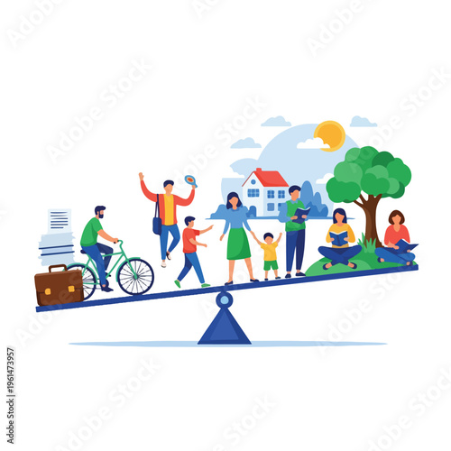 An illustration depicting people on a seesaw, balancing work responsibilities with family, leisure, and personal well-being.