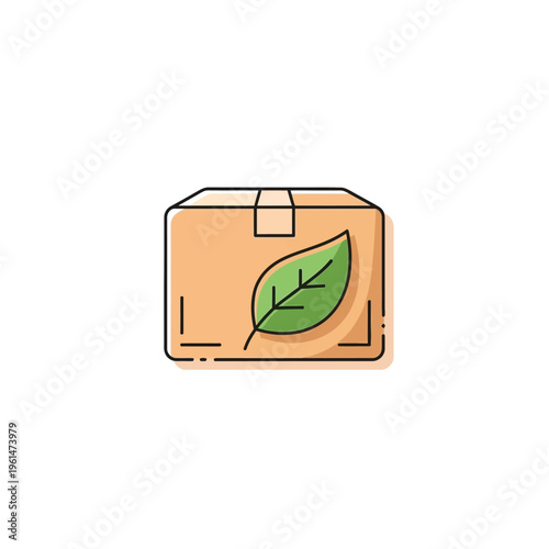 Eco-friendly packaging box featuring a green leaf symbol, representing sustainable shipping, environmentally conscious delivery, and biodegradable parcel solutions