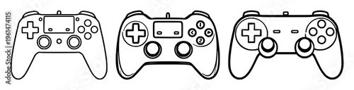 Game controller icon set with simple flat line illustration featuring gaming, electronics, leisure with controller and joystick